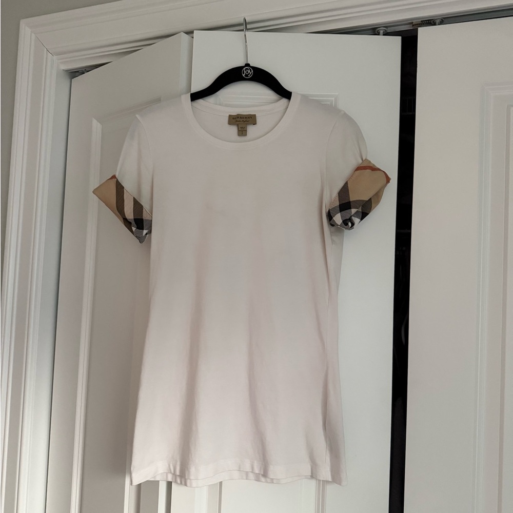 Burberry White Tee with Iconic Check Sleeves
